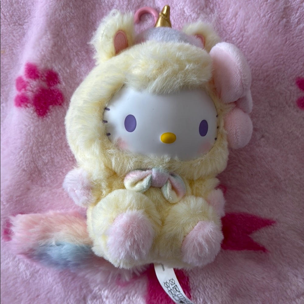 Sanrio Hello Kitty Plush in Pastel Yellow & Pink Unicorn Outfit - miniso